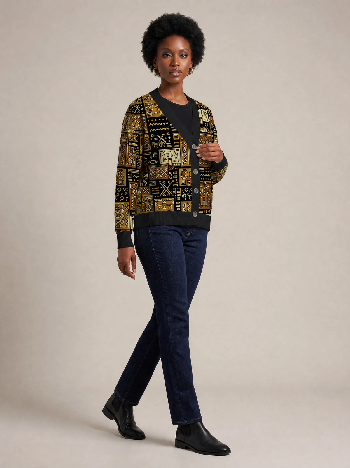 "Sankofa" Knitted Cardigan — three-quarter view on model