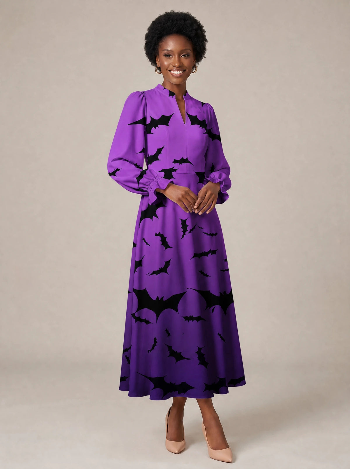 "Popo" Halloween Long Puff Sleeve Dress — walking, three-quarter view on model