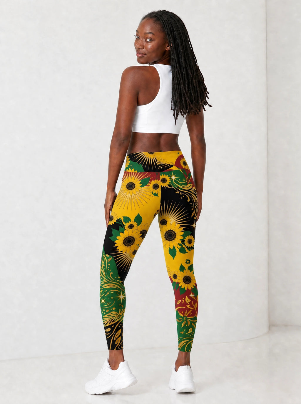 "August Queen Sunflower" Leggings — full body view on model
