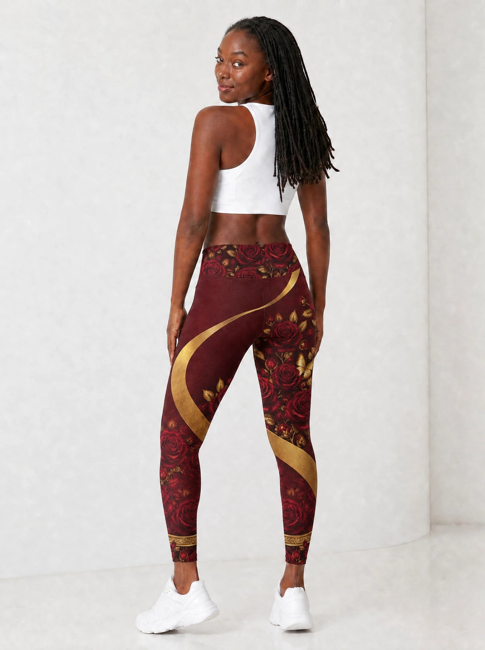"August Girl Roses" Leggings — full body view on model