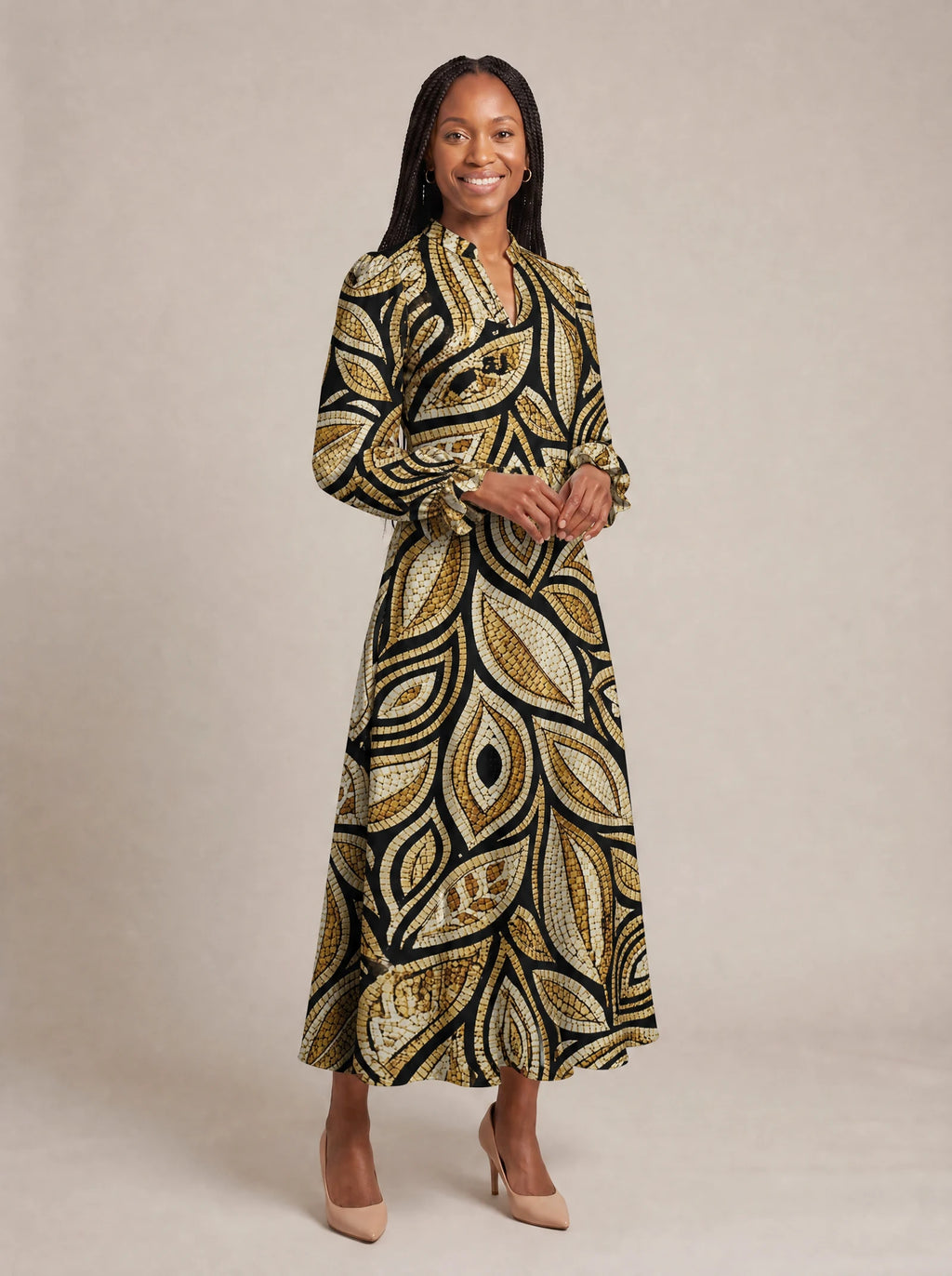 "Ashanti" Long Puff Sleeve Dress — walking, three-quarter view on model
