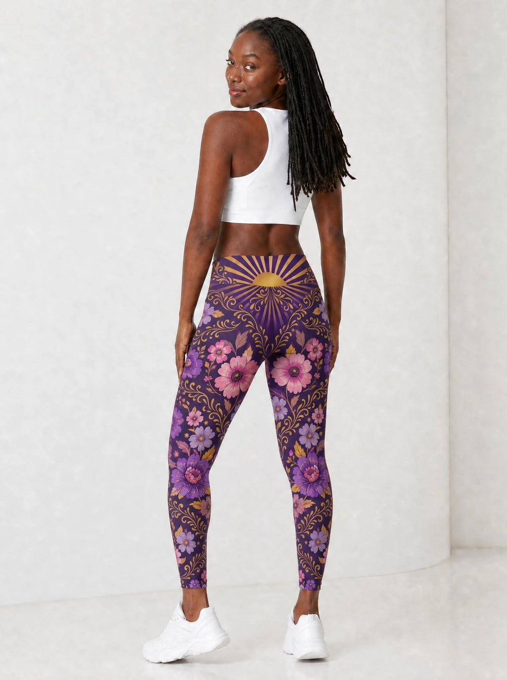 "August Queen Purple Bloom" Leggings — full body view on model