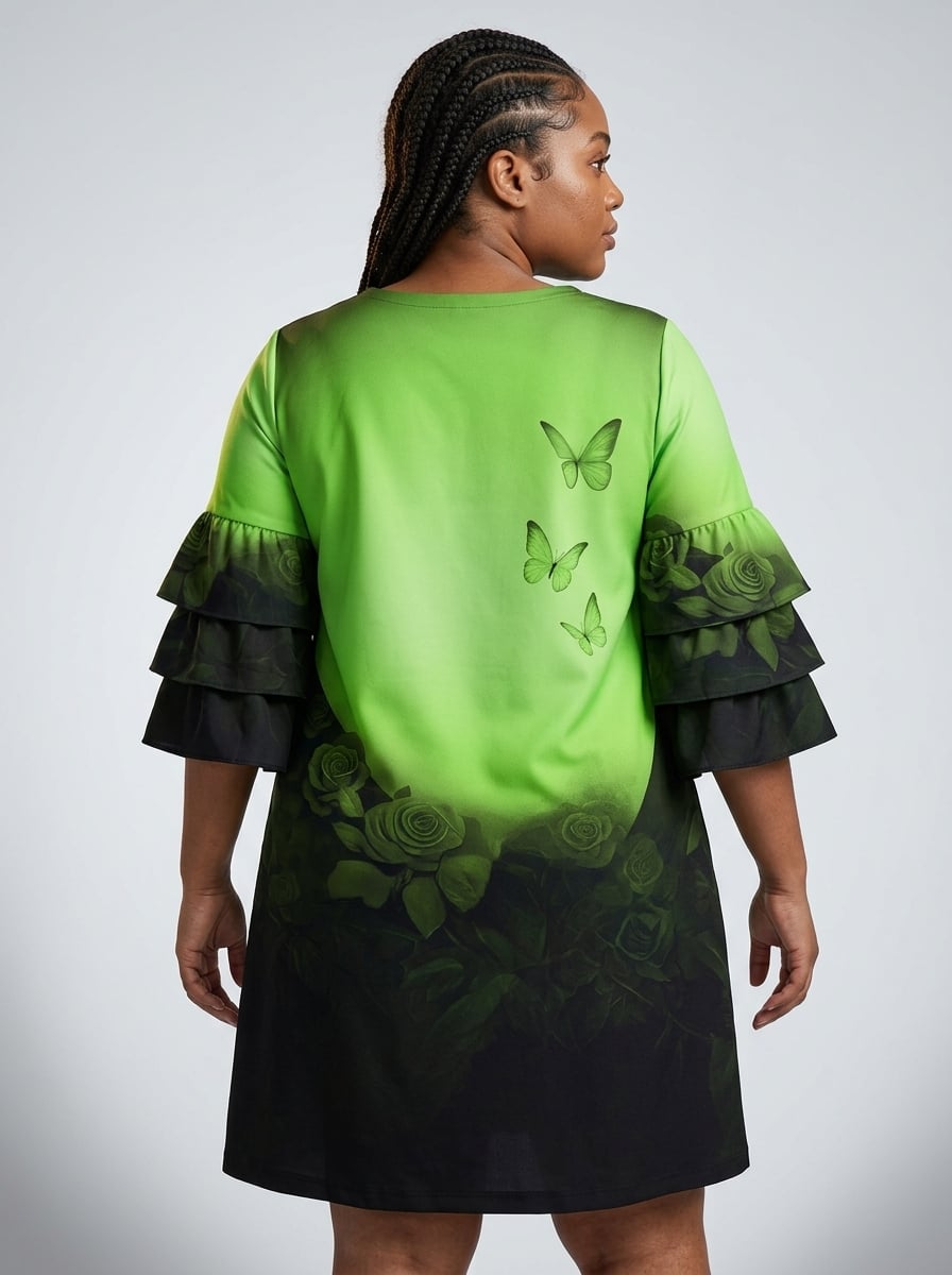"Selah" Green Stacked Ruffle Sleeve Dress