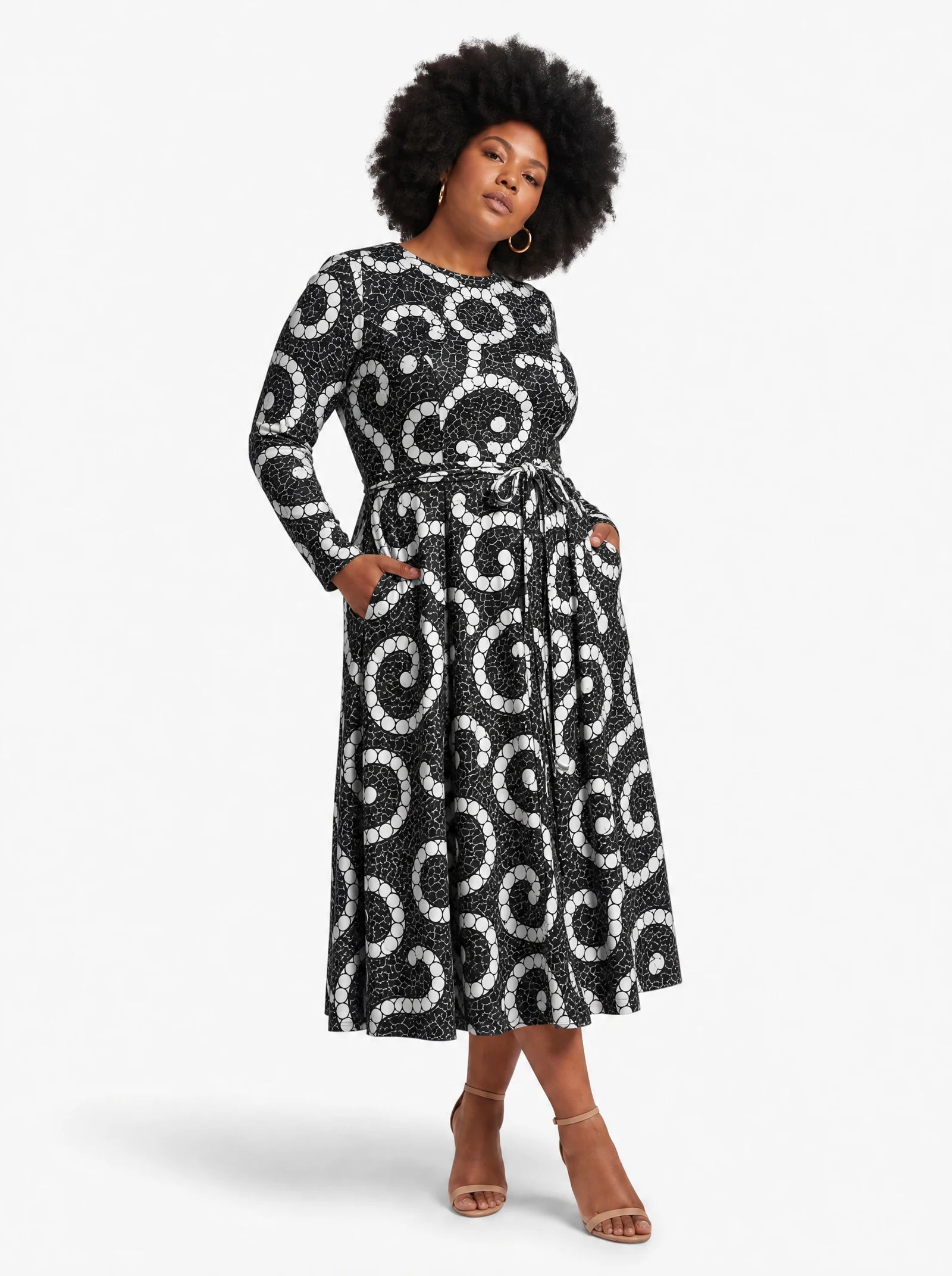"Duara" Viscose Midi Dress — three-quarter view on model, hand in the side pocket