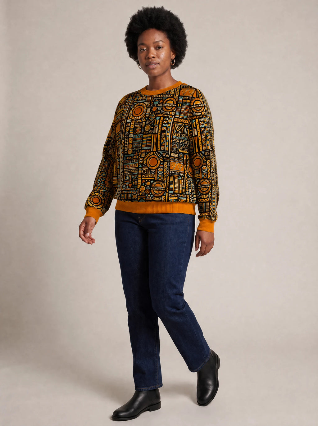 "Afrocentric Pattern" Sweatshirt — three-quarter view on model