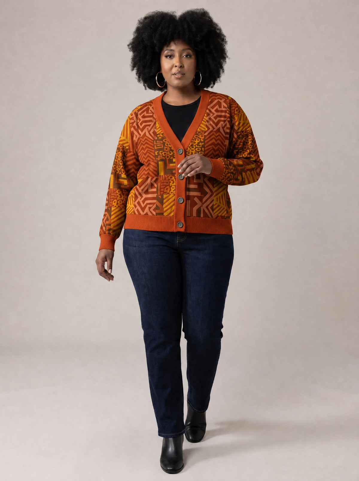 "Viraka" Cardigan — three-quarter view on model