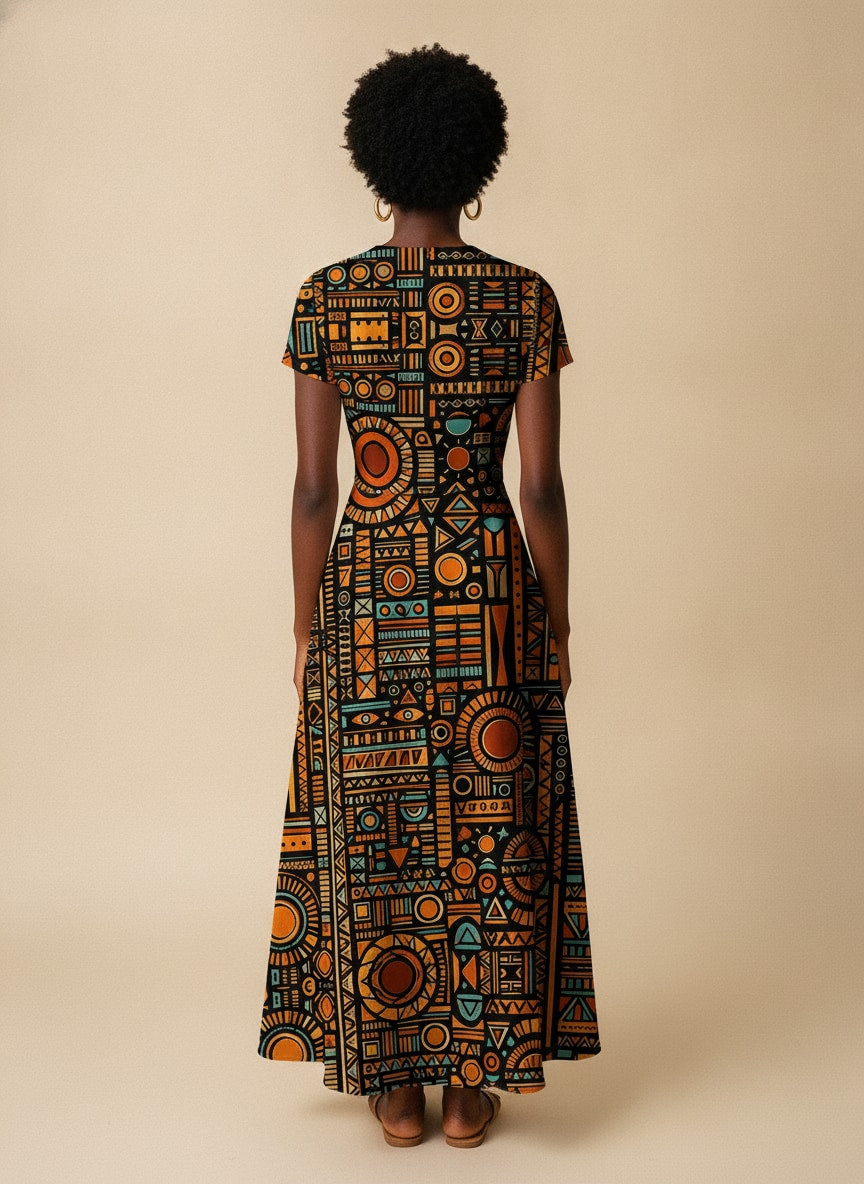 Afrocentric Pattern Short Sleeve Maxi Dress