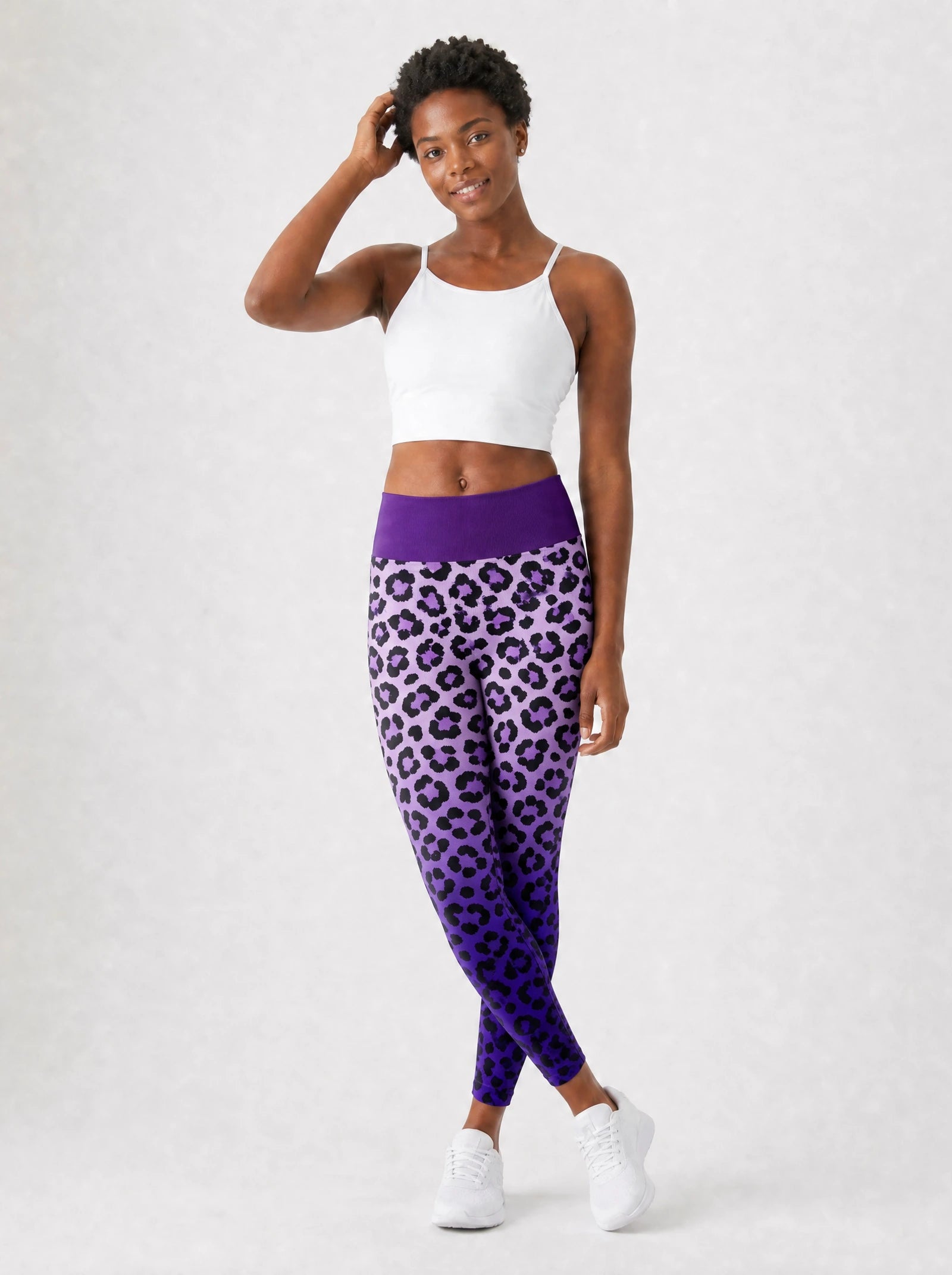 "Unstoppable" Amethyst Leopard Leggings — full body view on model