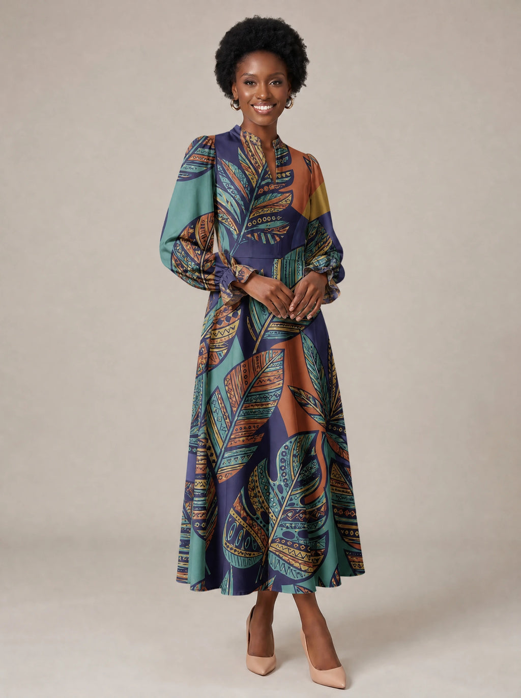 "Majani" Long Puff Sleeve Dress — walking, three-quarter view on model