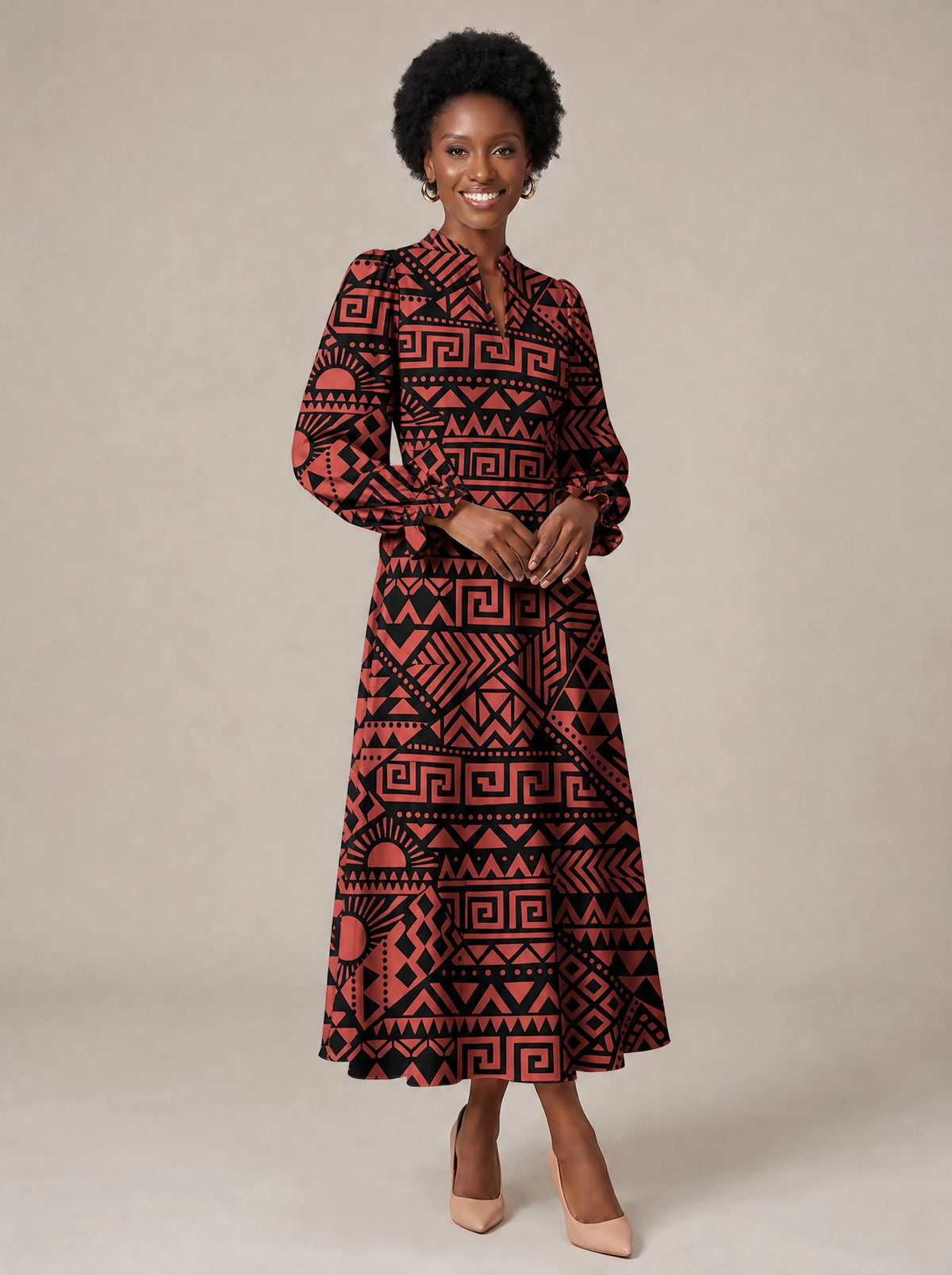 "Shaka" Burgundy Long Puff Sleeve Dress — walking, three-quarter view on model