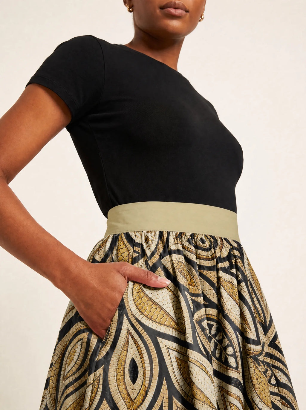 "Ashanti" Twirl Skirt — close-up of the waistband and side pocket