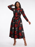 "Uchawi" Long Sleeve Midaxi Dress — walking, three-quarter view on model