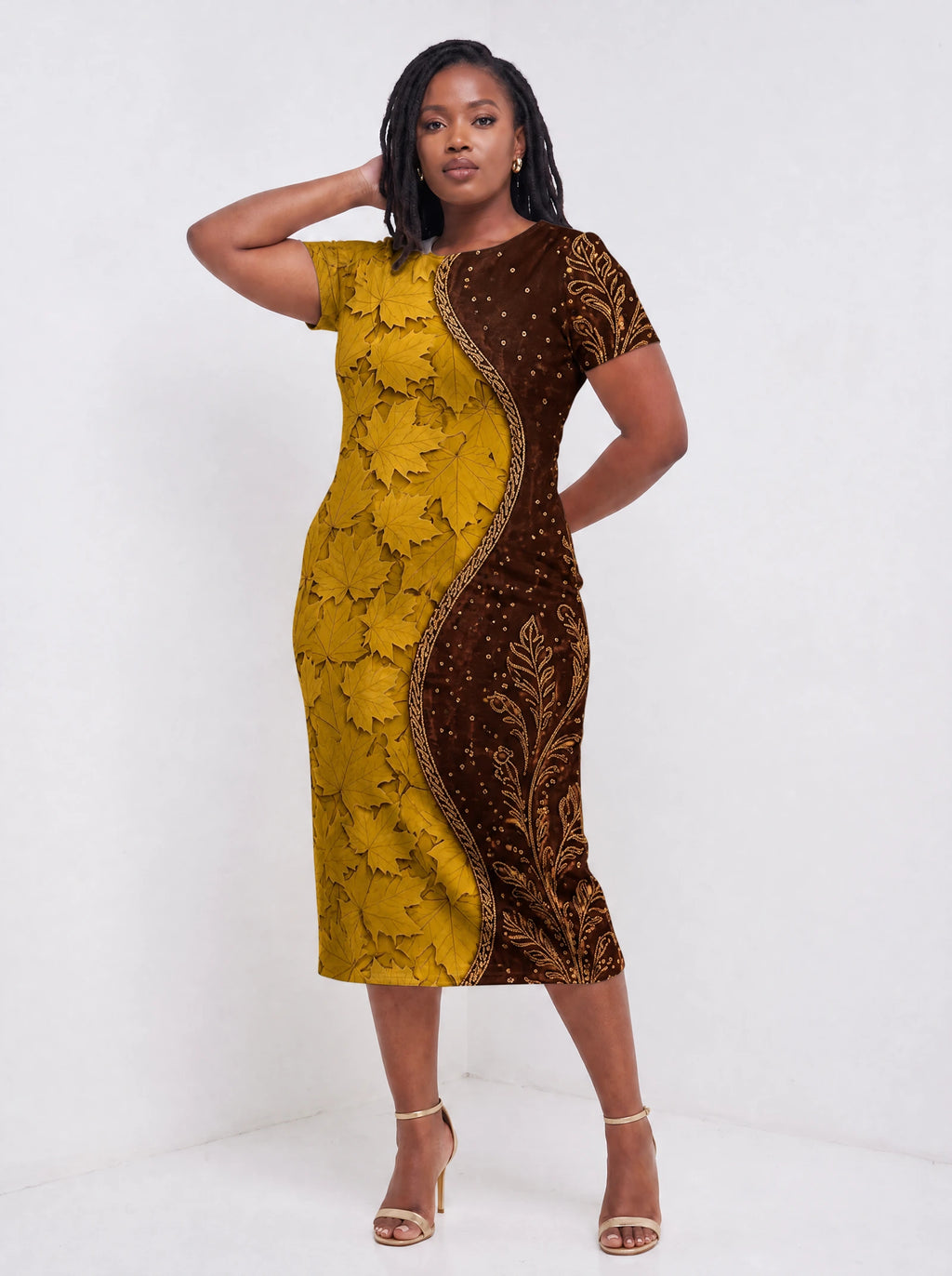 "Msimu" Sweetheart Midi Dress — three-quarter view on model
