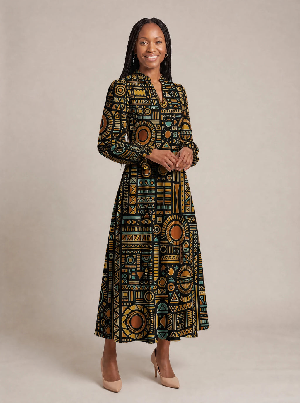 "Afrocentric Pattern" Long Puff Sleeve Dress — walking, three-quarter view on model