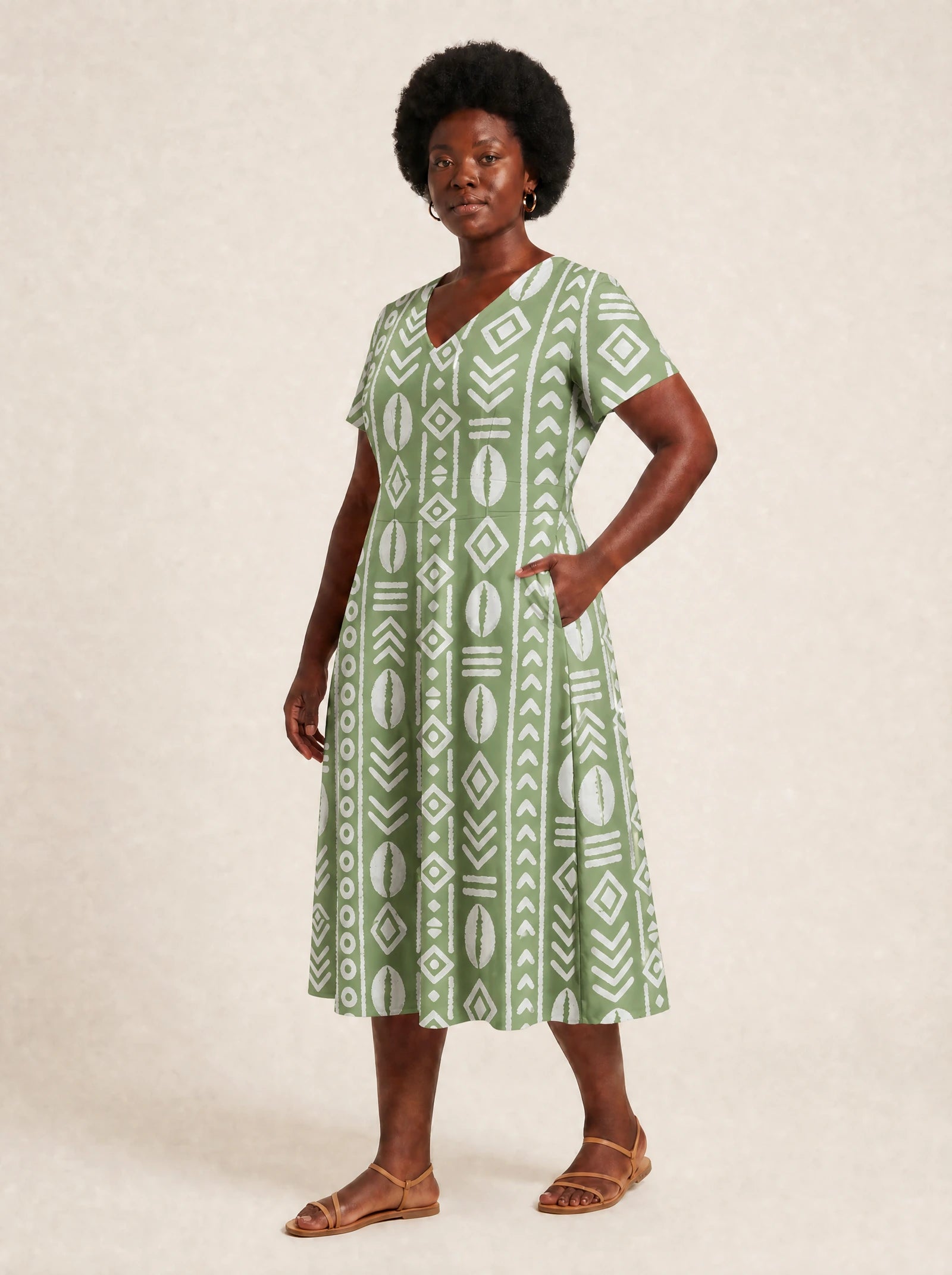 "Oshun Verde" V Neck Midi Dress