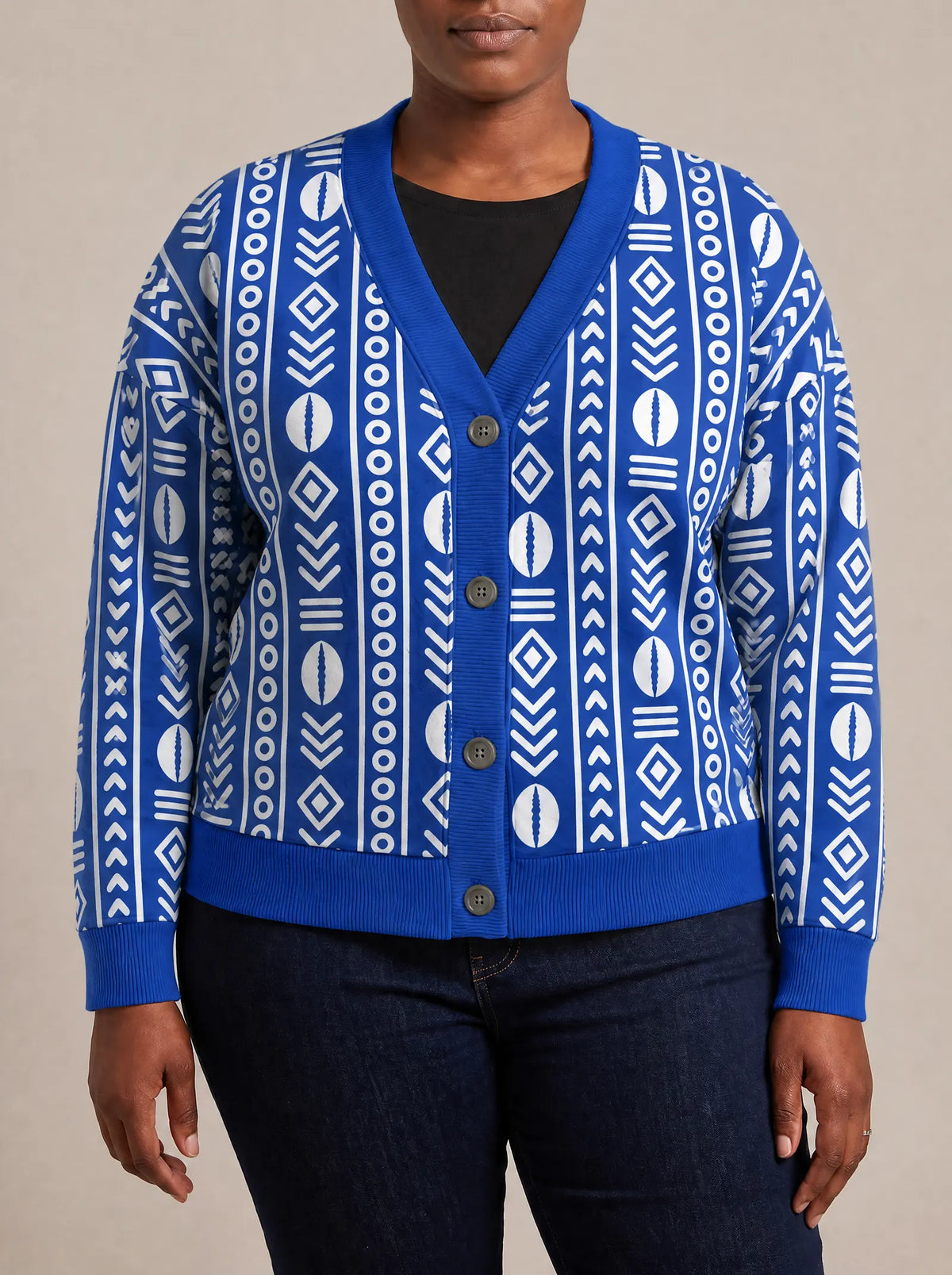 "Oshun Royal Blue" Cardigan — close view of the V-neck, buttons and ribbed trims