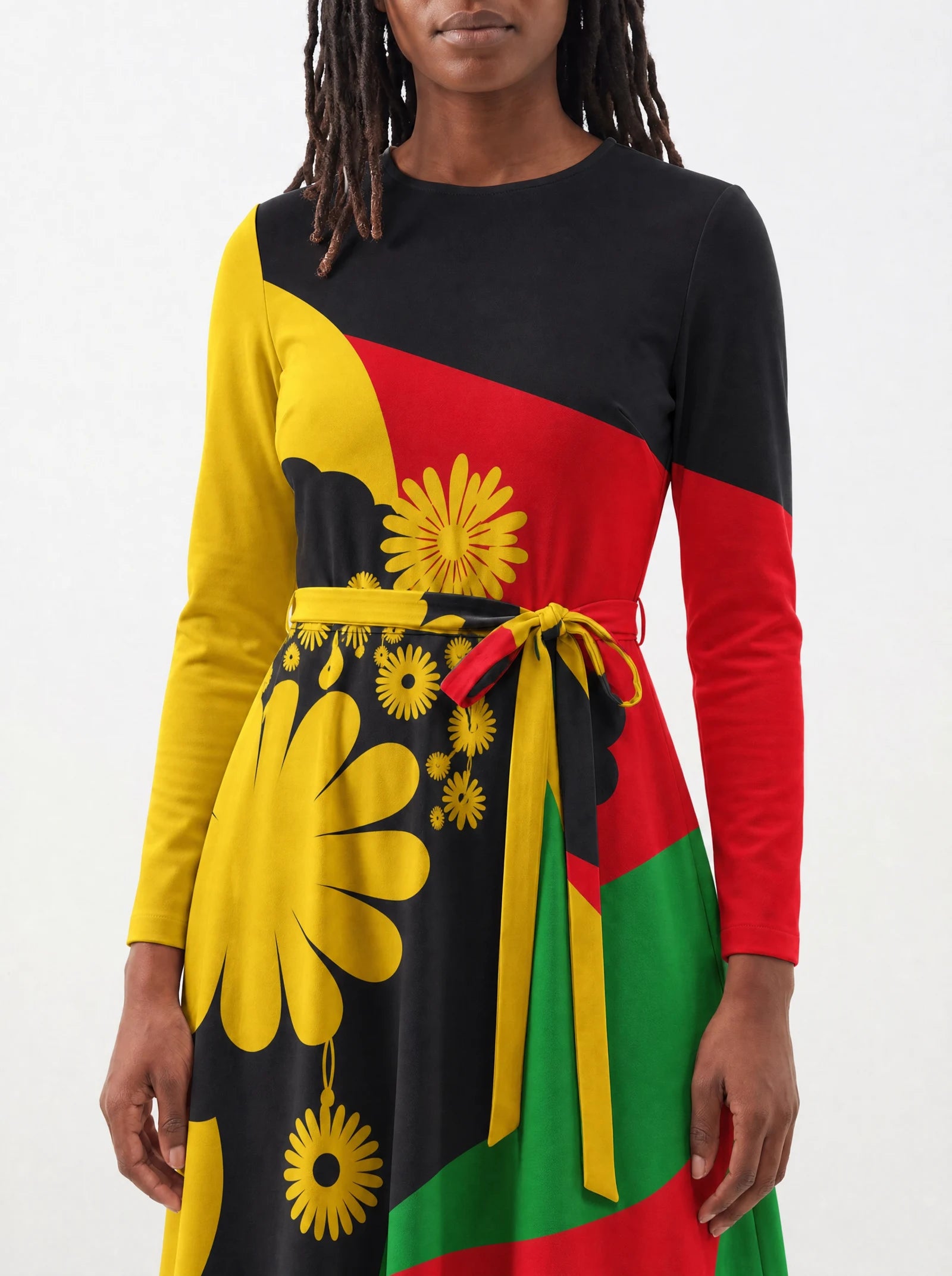 "Furaha" Viscose Midi Dress — close-up of the tie sash and the in-seam side pocket