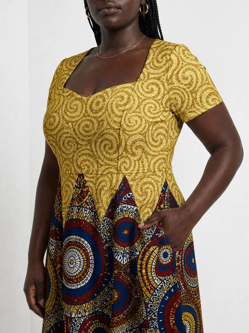 "Adhama" Sweetheart Midi Dress — close-up of the bodice and the in-seam side pocket