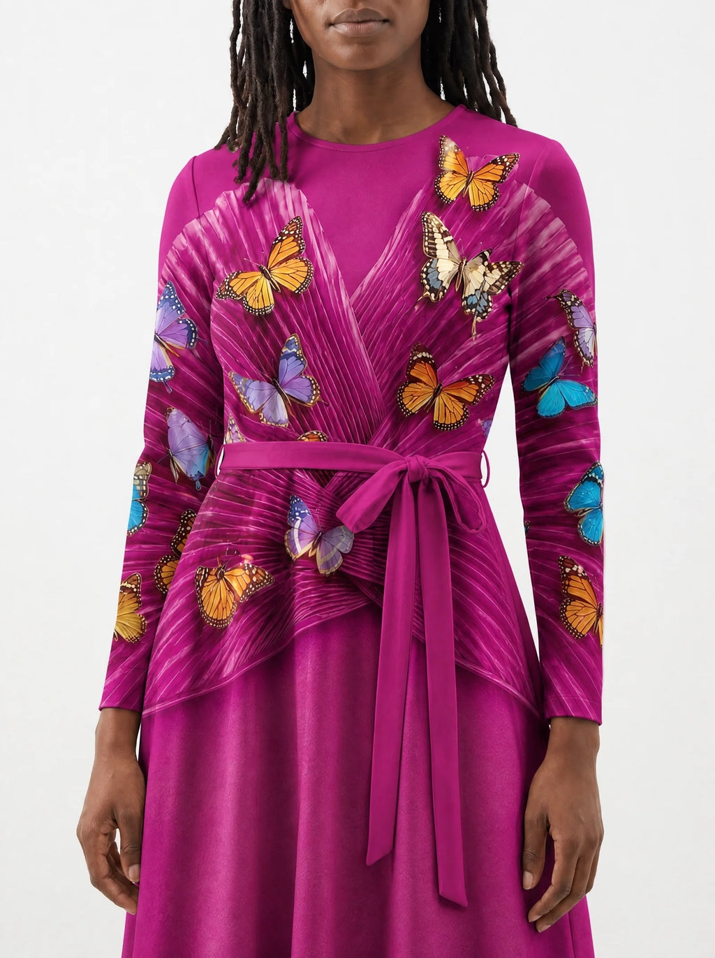 "Kipepeo" Long Sleeve Midaxi Dress — standing, angled view on model