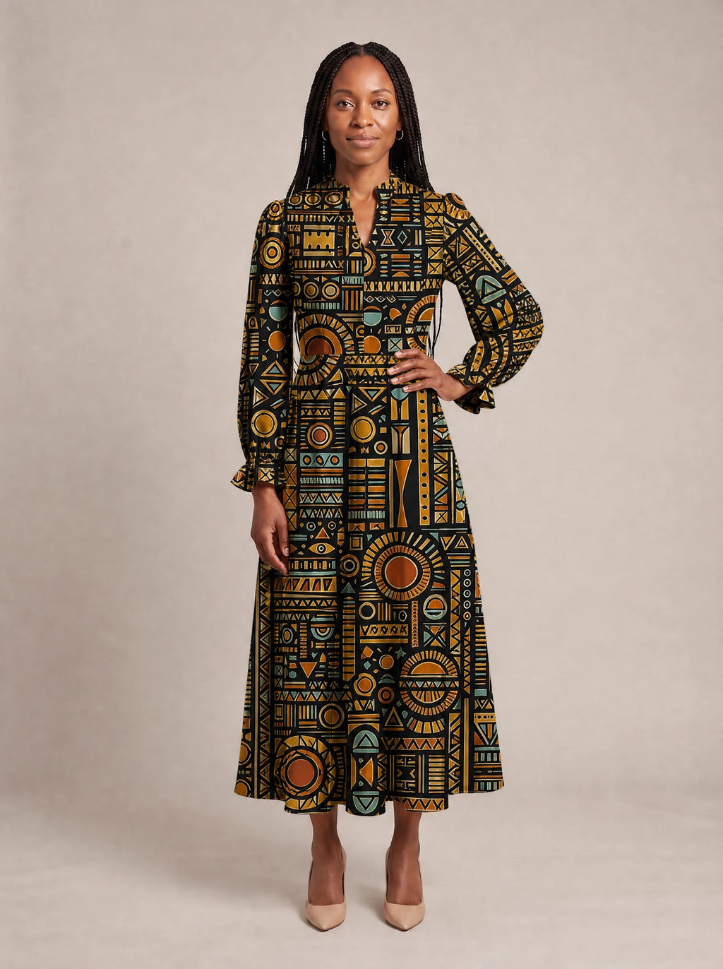 "Afrocentric Pattern" Long Puff Sleeve Dress — standing, angled view on model