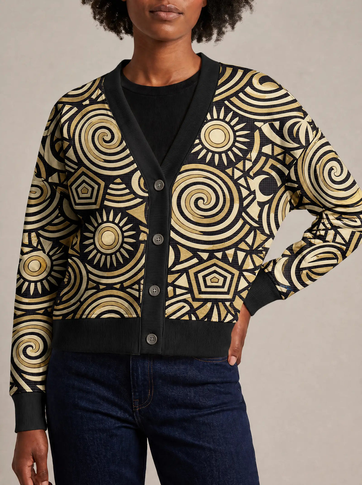 "Sahara" Cardigan — close view of the V-neck, buttons and ribbed trims