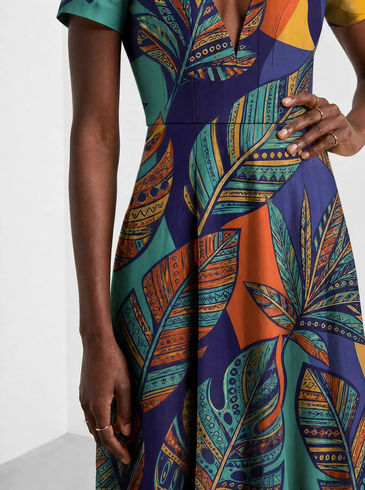 "Majani" Short Sleeve Maxi Dress — standing, angled view on model