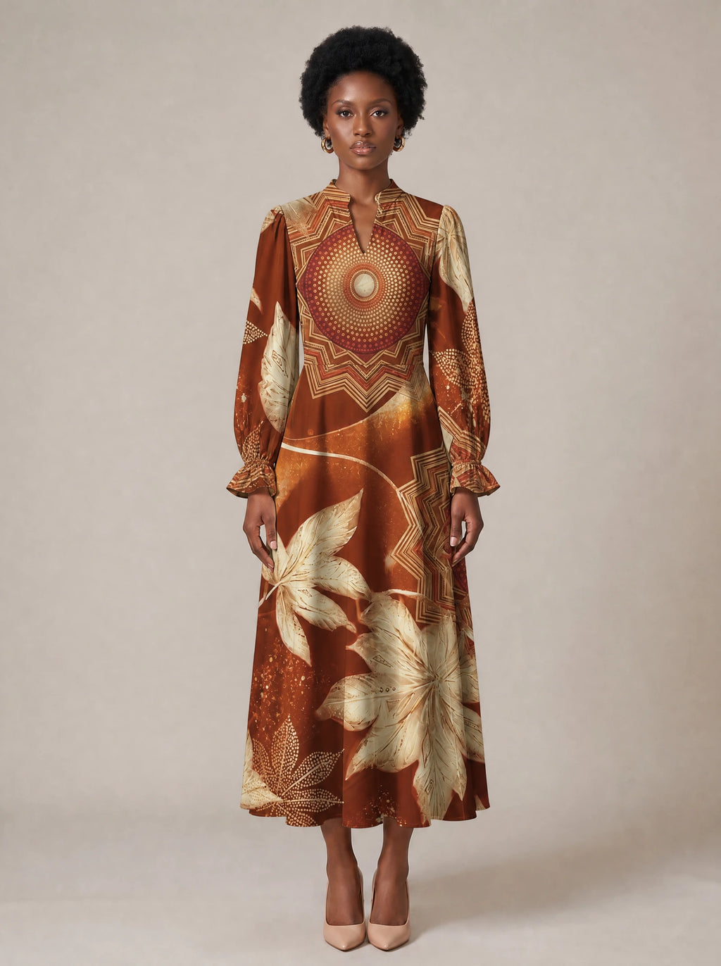 "Joto" Long Puff Sleeve Dress — standing, angled view on model