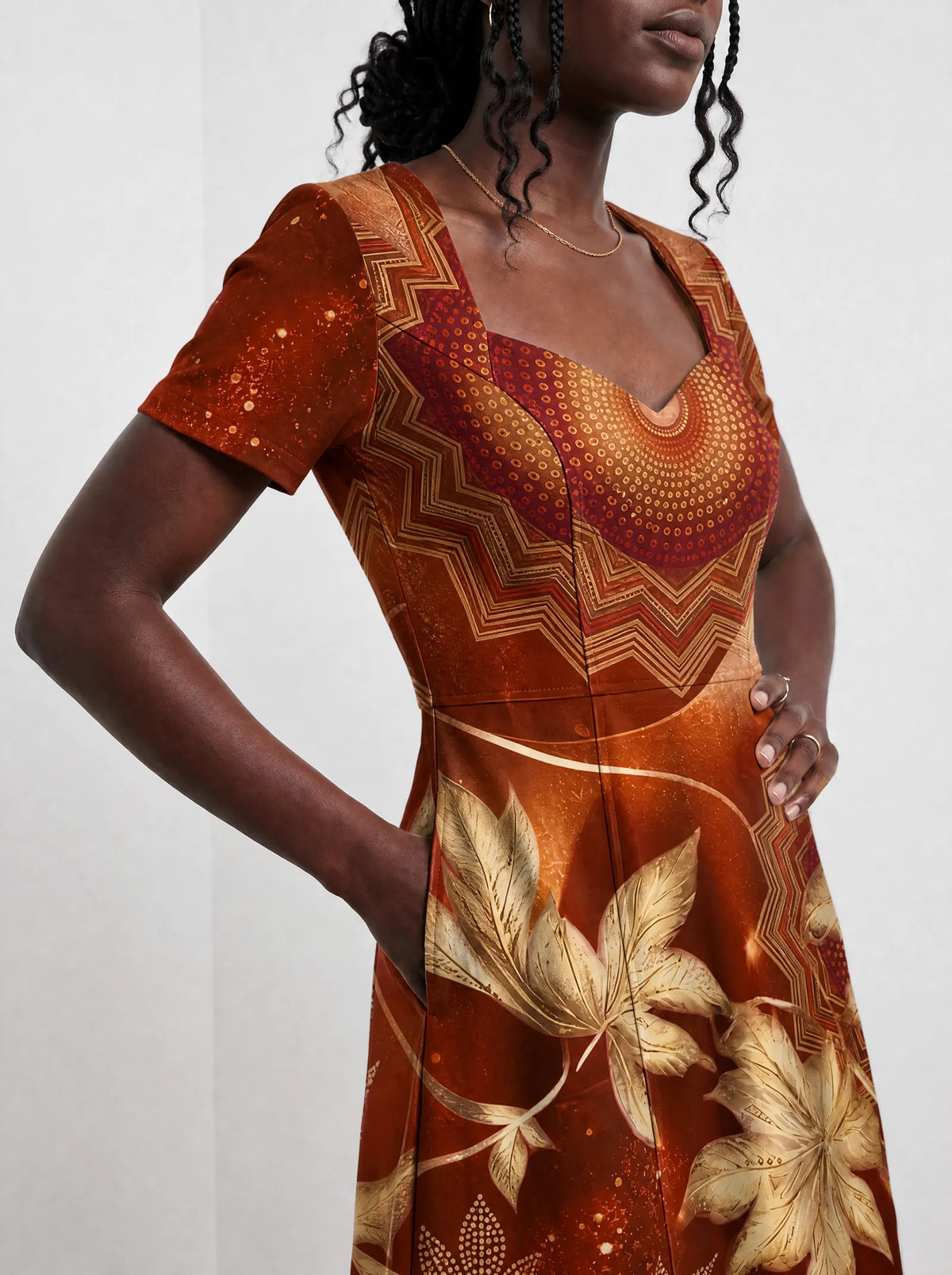 "Joto" Sweetheart Midi Dress — close-up of the bodice and the in-seam side pocket