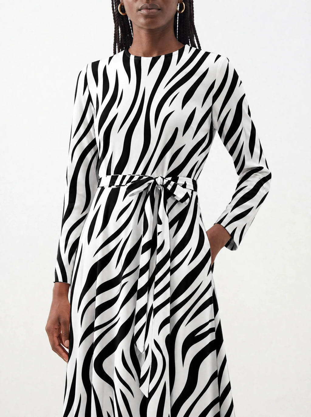 "Milia" Viscose Midi Dress — close-up of the tie sash and the in-seam side pocket