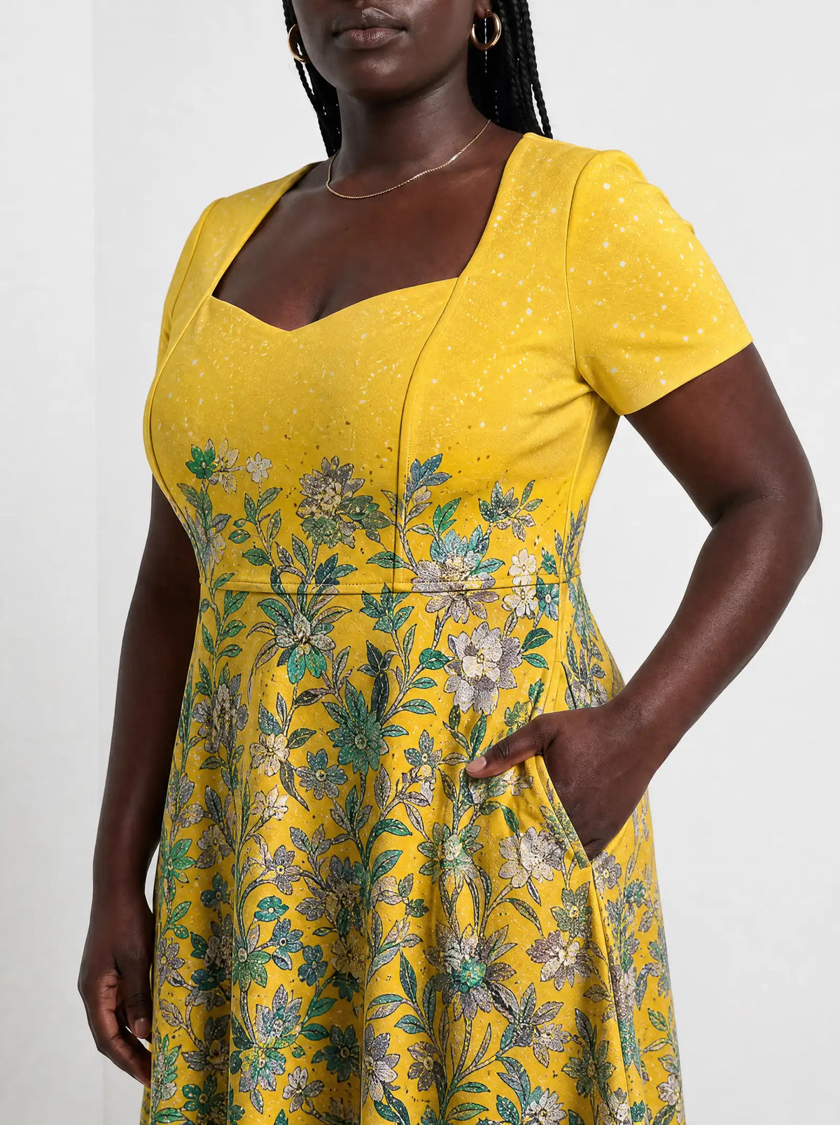 "Alfajiri" Sweetheart Midi Dress — close-up of the bodice and the in-seam side pocket