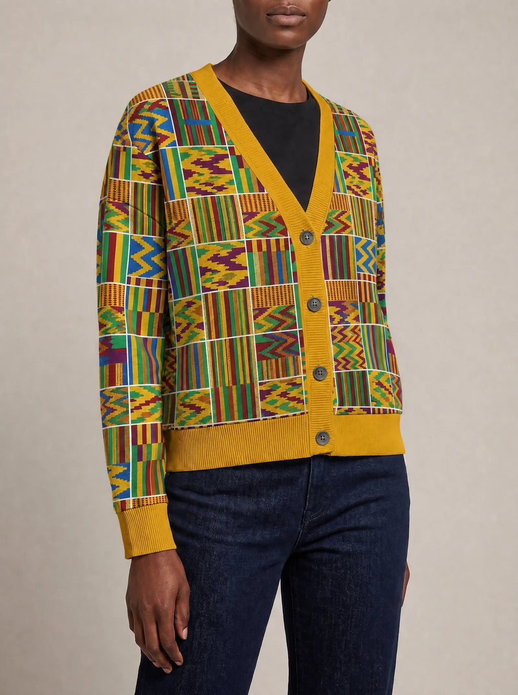 "Shangwe" Cardigan — close view of the V-neck, buttons and ribbed trims