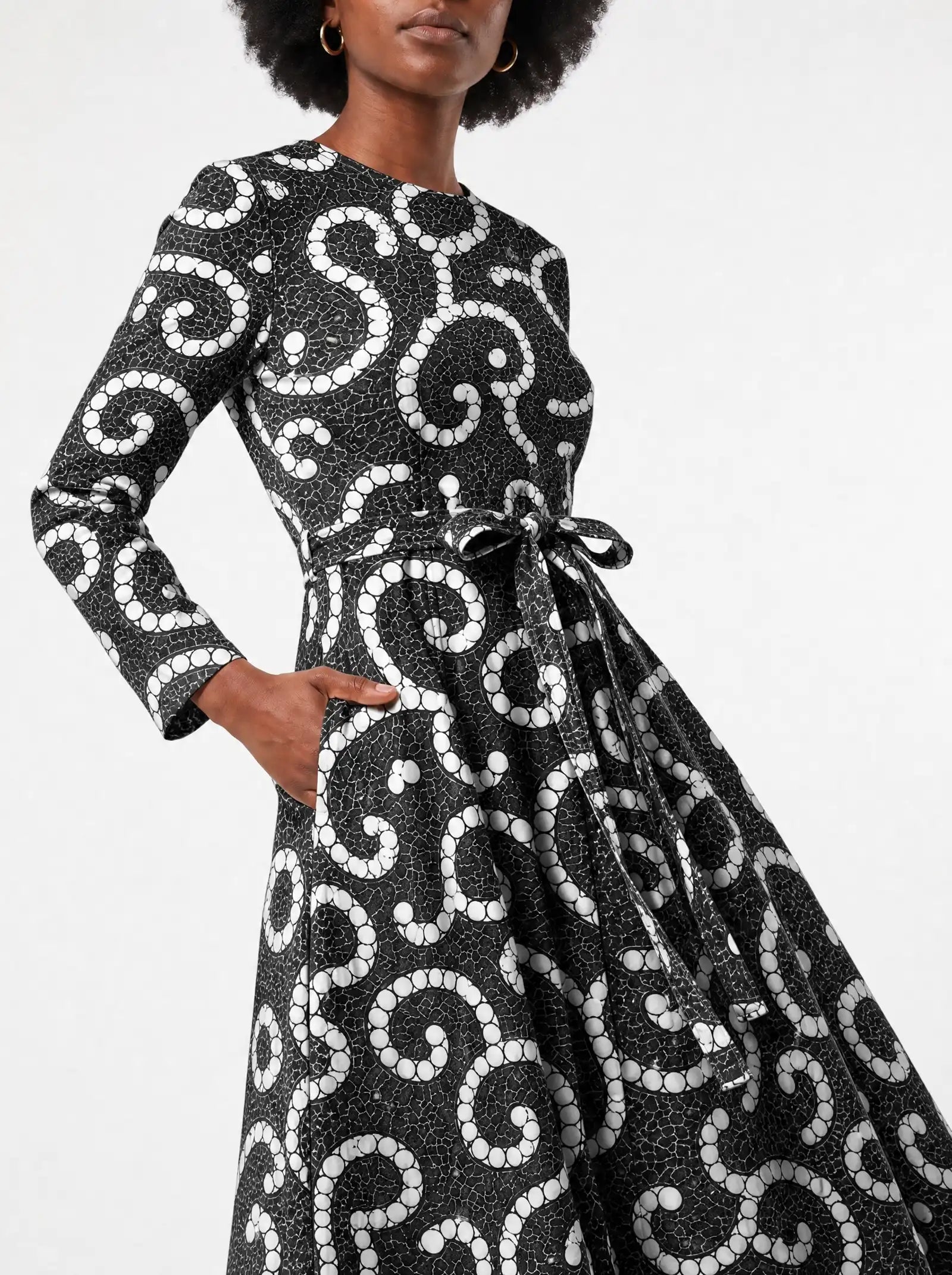 "Duara" Viscose Midi Dress — close-up of the tie sash and the in-seam side pocket