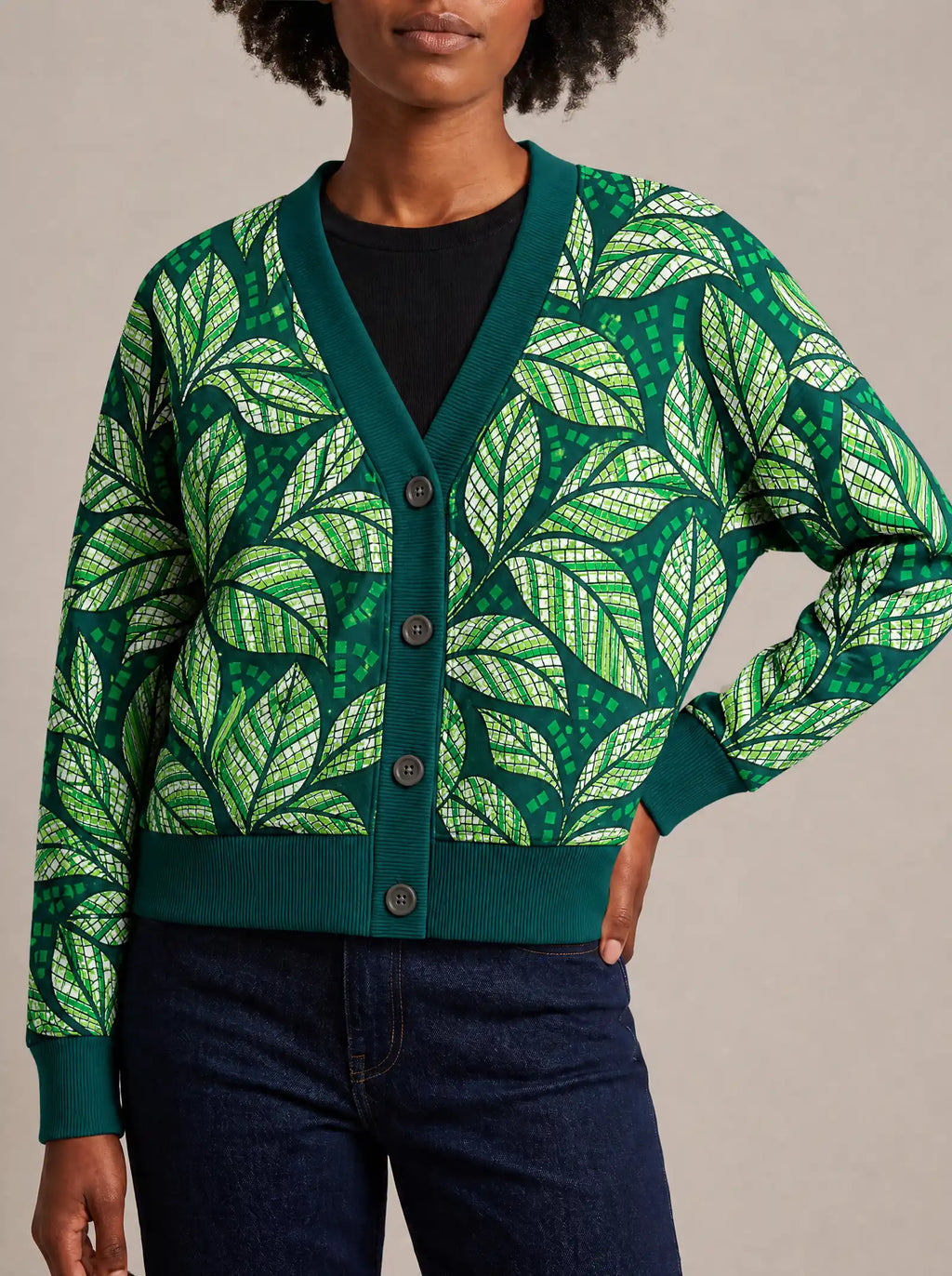 "Jani" Cardigan — close view of the V-neck, buttons and ribbed trims