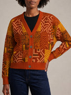 "Viraka" Cardigan — close view of the V-neck, buttons and ribbed trims