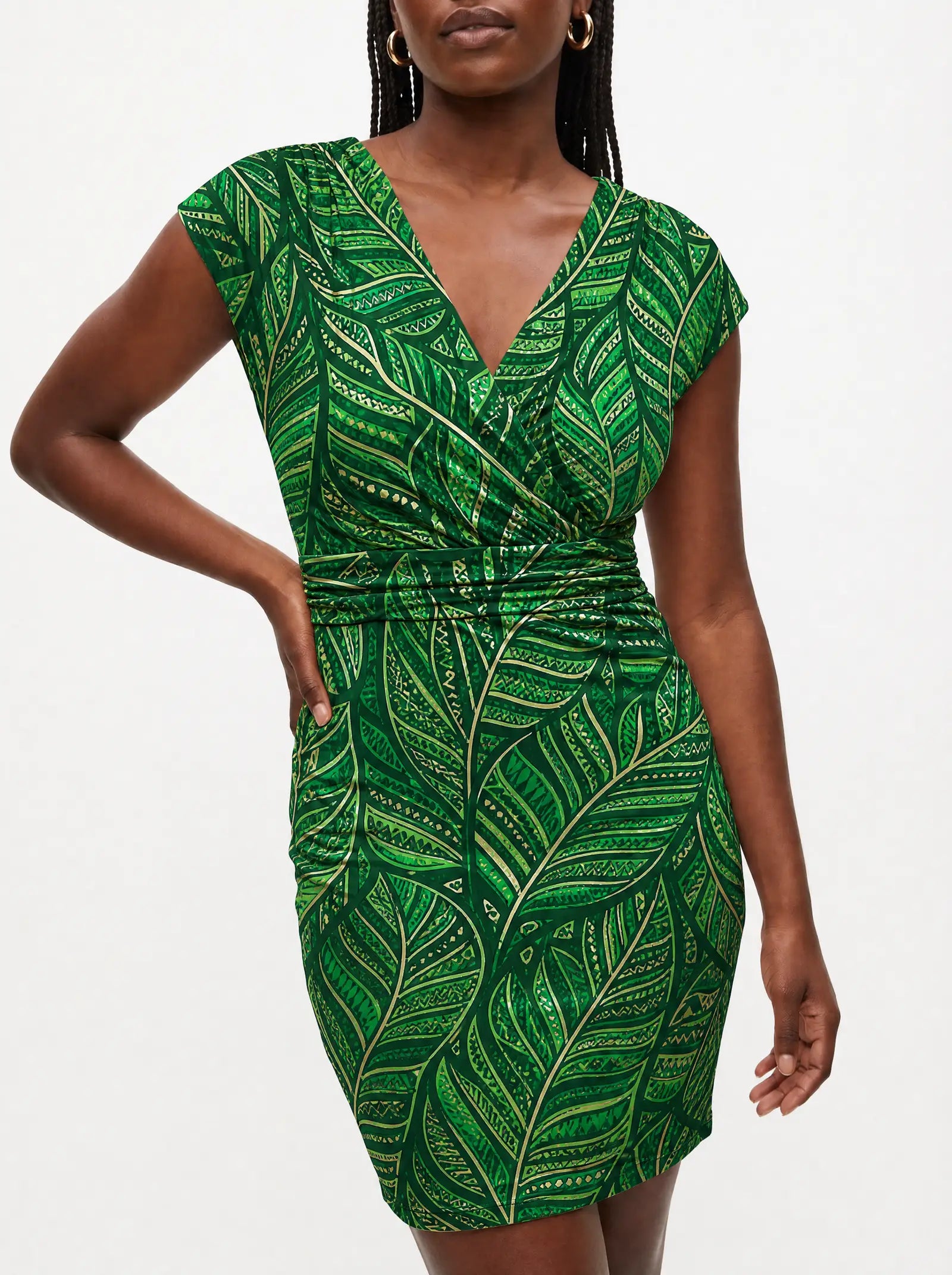 "Asili Emerald" Cap Sleeve Midi Dress — close-up of the ruched waistband