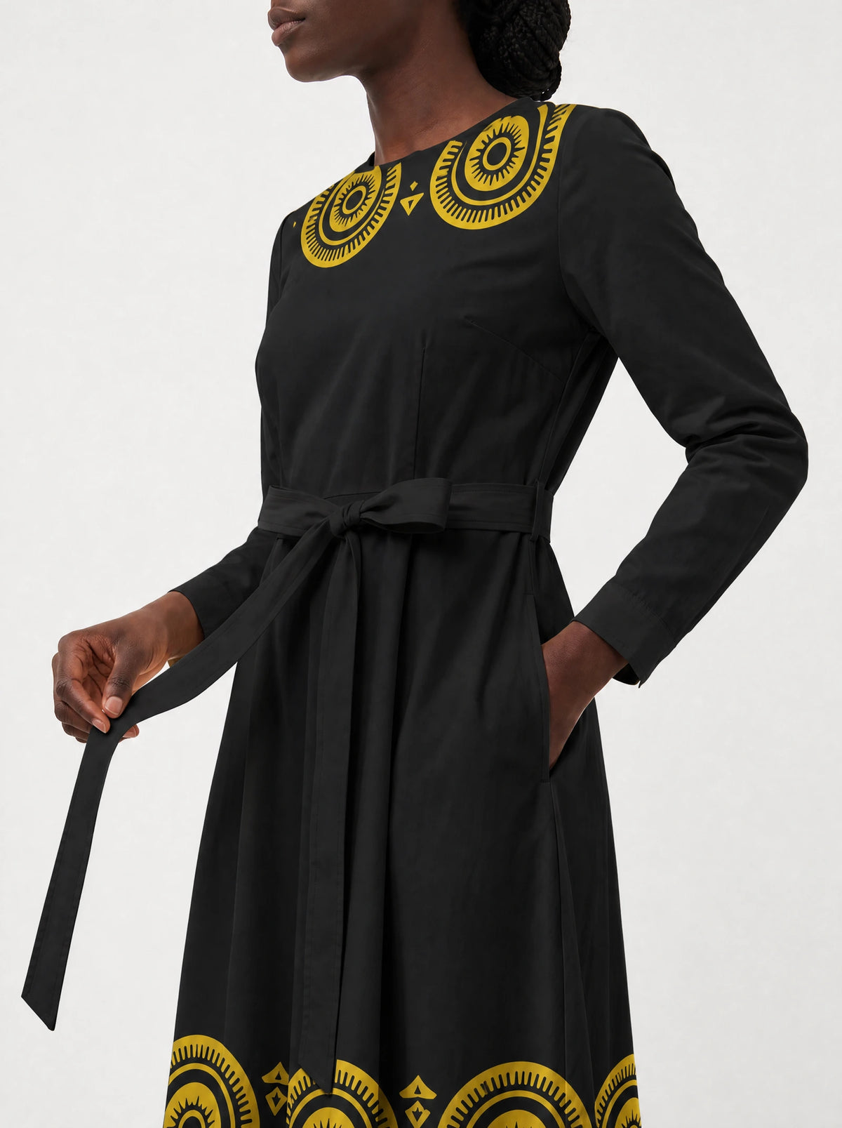 "Mamafo" Long Sleeve Midaxi Dress — standing, angled view on model