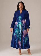 "Bahari" Long Puff Sleeve Dress — standing, angled view on model