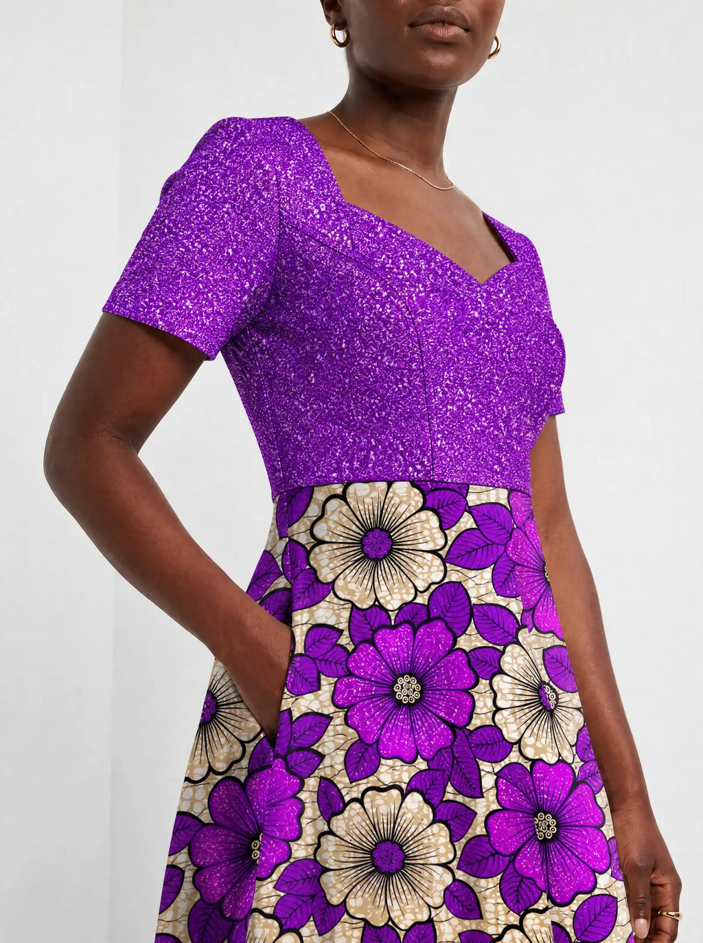 "Shani" Sweetheart Midi Dress — close-up of the bodice and the in-seam side pocket