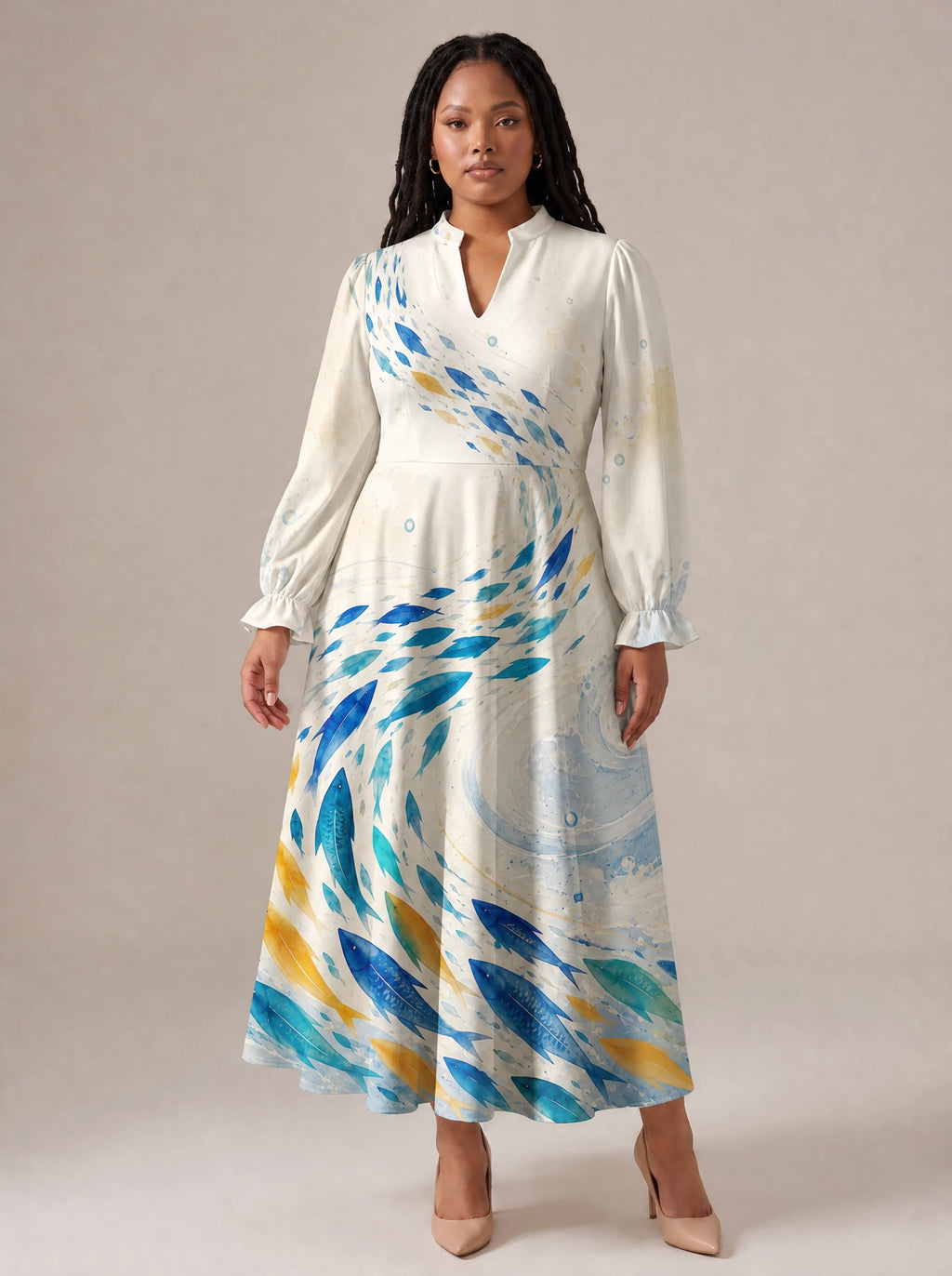 "Samaki" Long Puff Sleeve Dress — standing, angled view on model