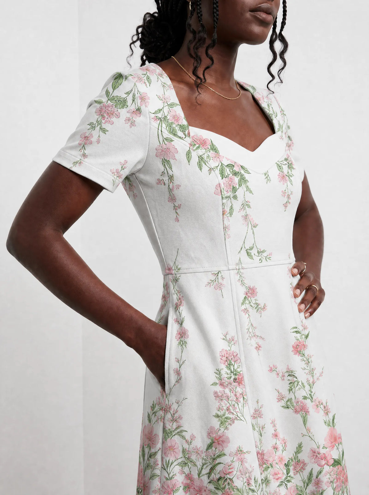 "Chanua" Sweetheart Midi Dress — close-up of the bodice and the in-seam side pocket
