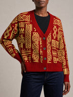 "Alama" Knitted Cardigan — close view of the V-neck, buttons and ribbed trims