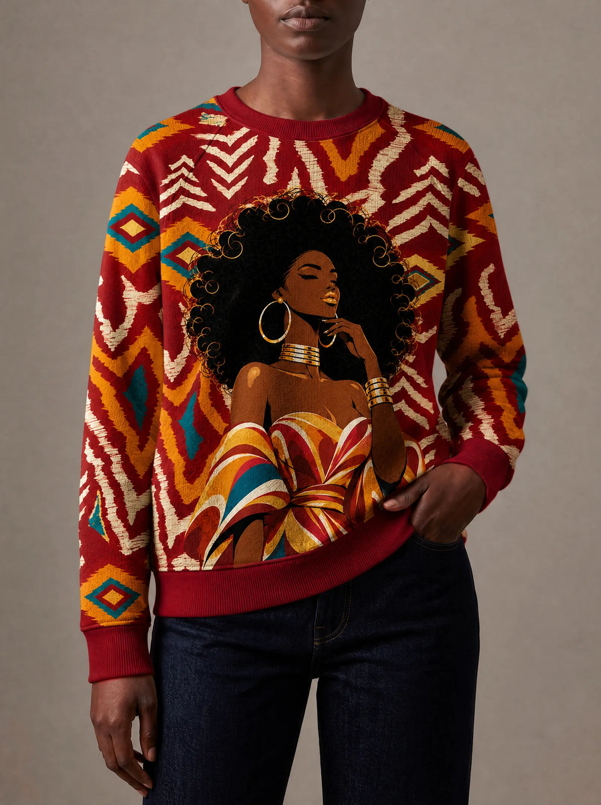 "Mavazi" Sweatshirt — close view of the crew neck, raglan seams and ribbed trims