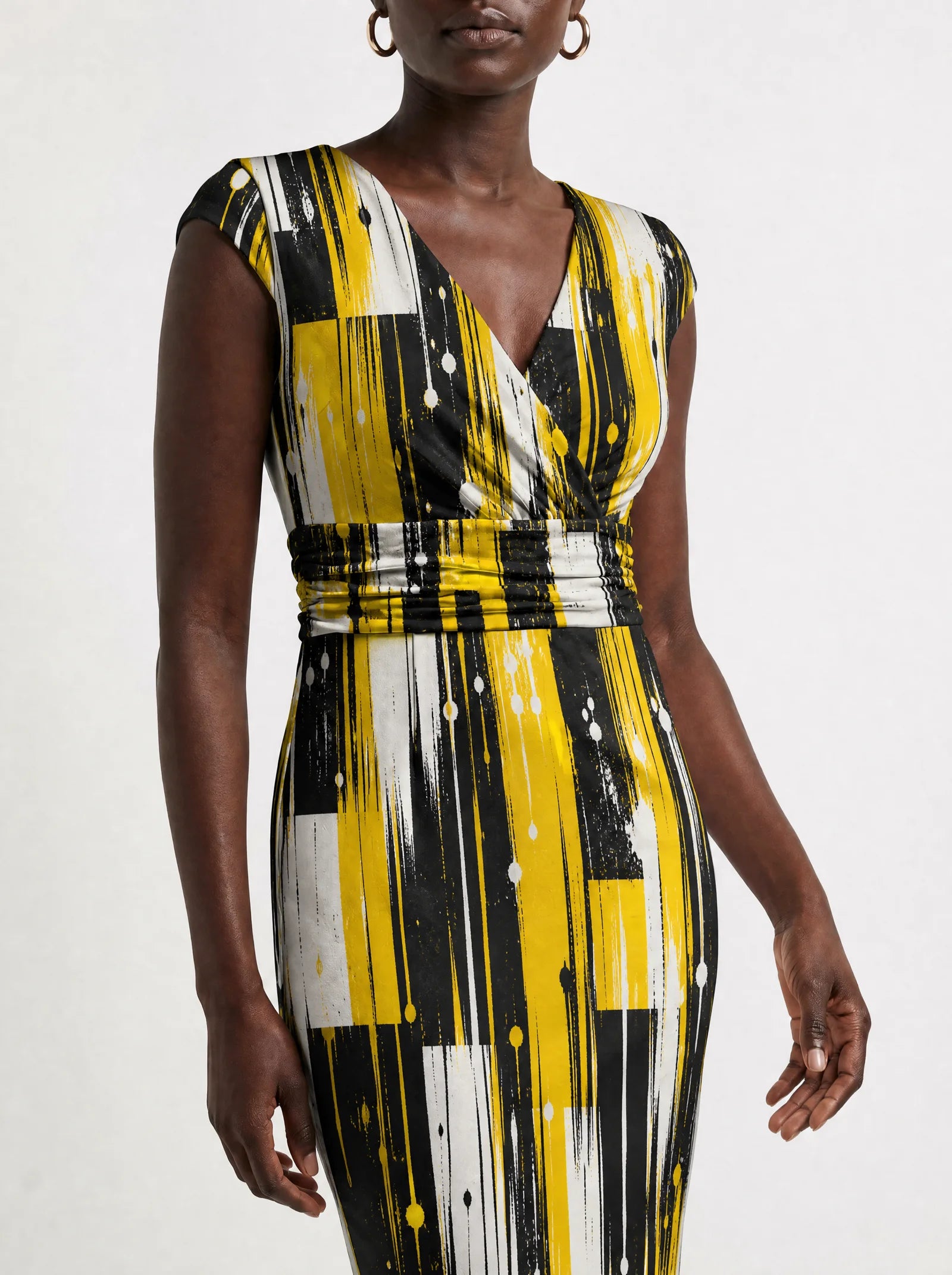 "Mvua" Cap Sleeve Midi Dress — close-up of the ruched waistband
