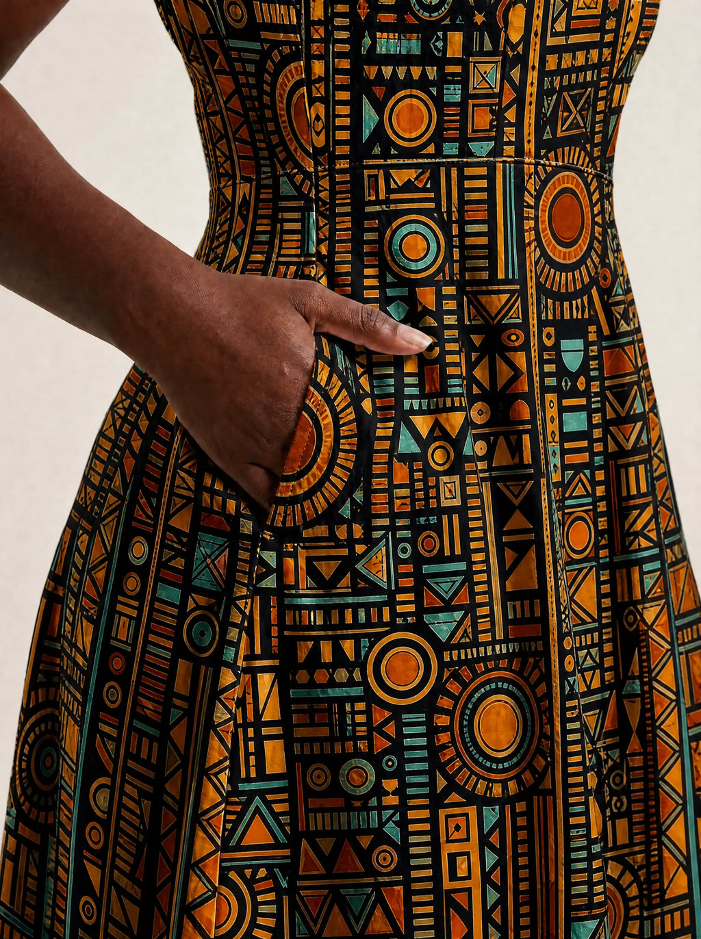 "Afrocentric Pattern" V Neck Midi Dress