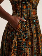 "Afrocentric Pattern" V Neck Midi Dress
