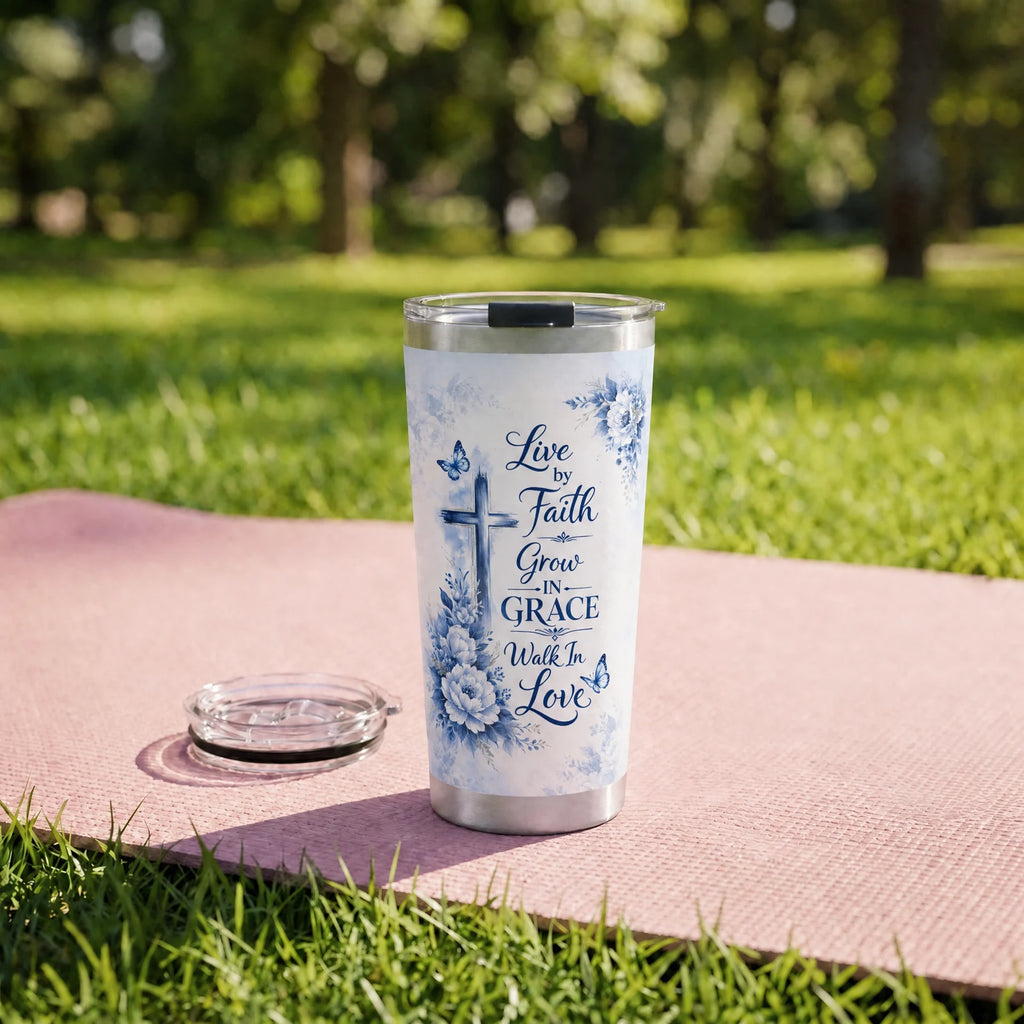 "Neema" Tumbler — on a yoga mat on a park lawn