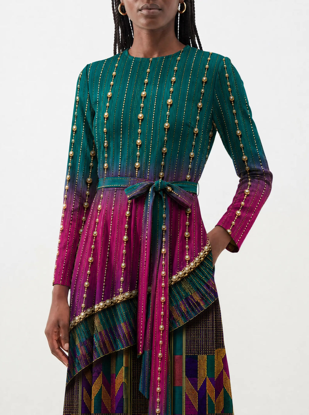 "Lulu" Long Sleeve Midaxi Dress — standing, angled view on model