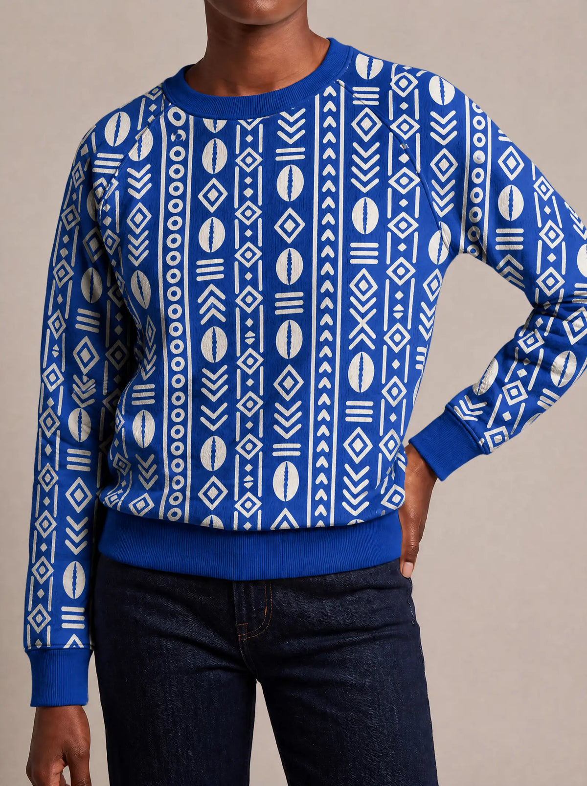 "Oshun Royal Blue" Sweatshirt — close view of the crew neck, raglan seams and ribbed trims