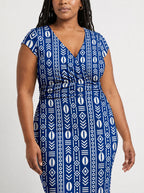 "Oshun Royal Blue" Cap Sleeve Midi Dress — close-up of the ruched waistband