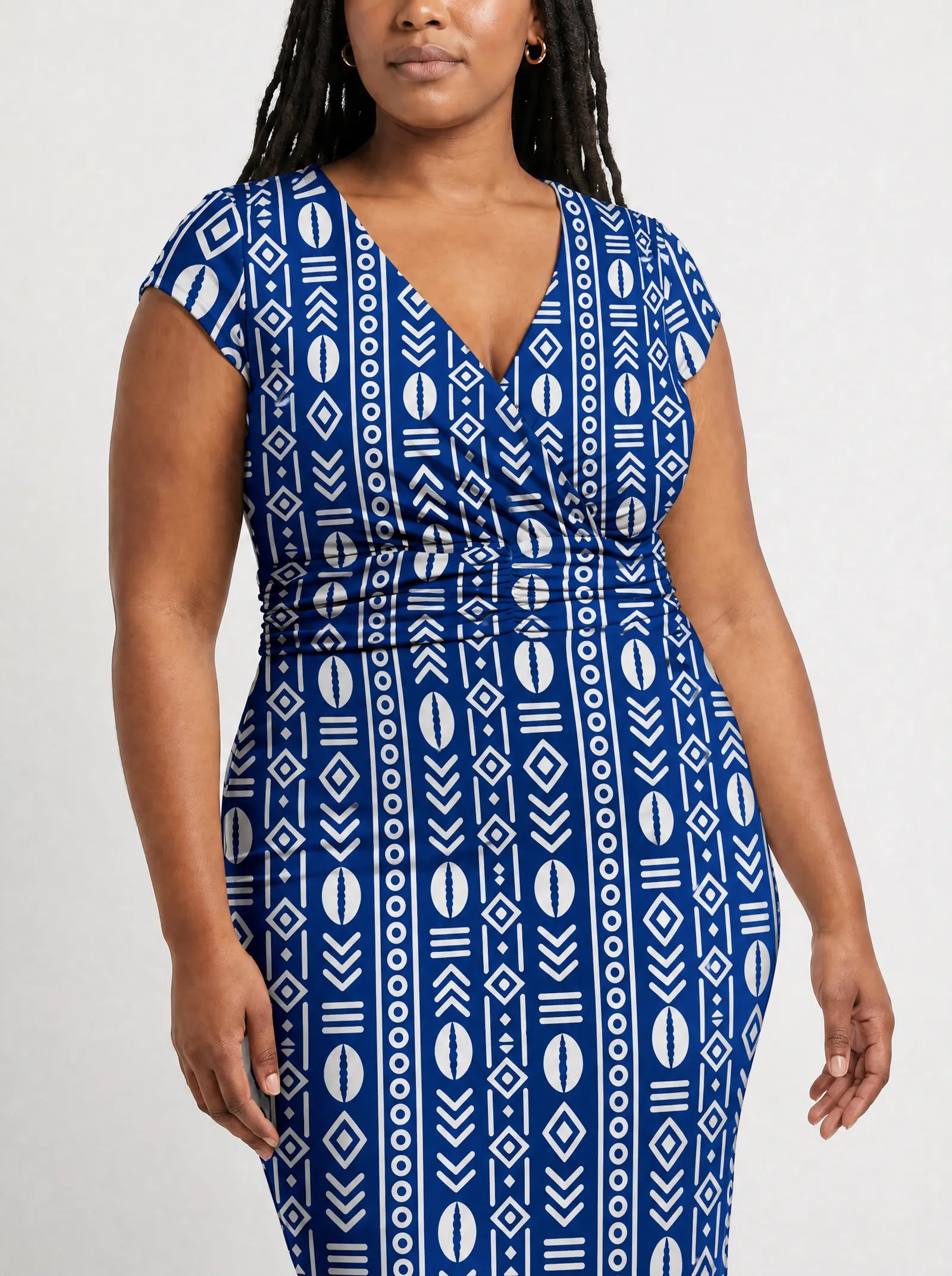 "Oshun Royal Blue" Cap Sleeve Midi Dress — close-up of the ruched waistband